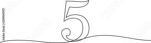 Obraz na płótnie Number five one line art, hand drawn 5 fifth sign continuous drawing contour,