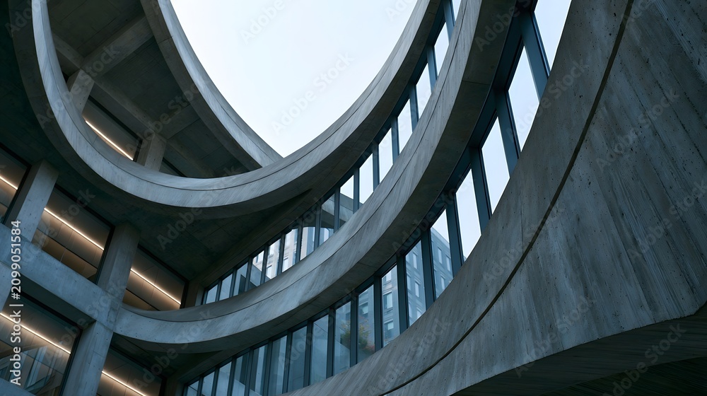Fototapeta premium A modern architectural structure featuring sweeping curved concrete walls and large glass under an open sky