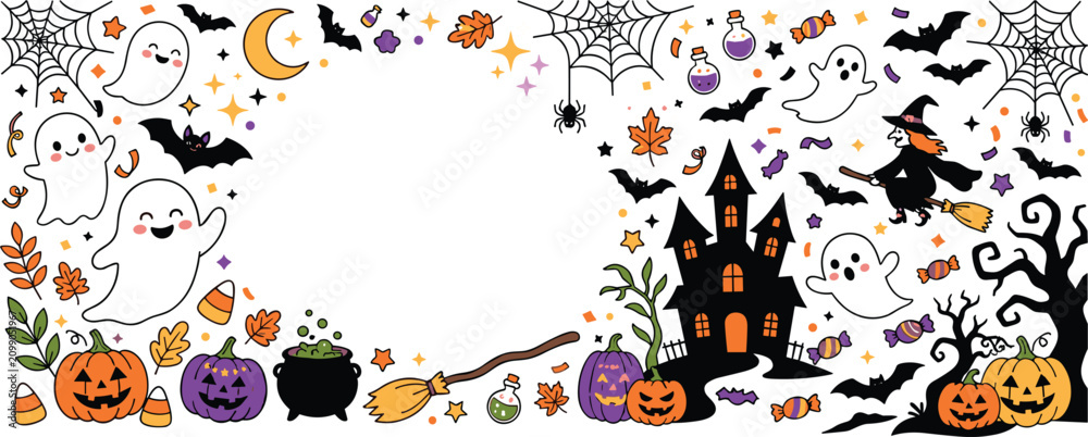 Naklejka premium Halloween border frame with cute ghosts pumpkins witch house bats cobwebs and magic potions for festive party decoration design