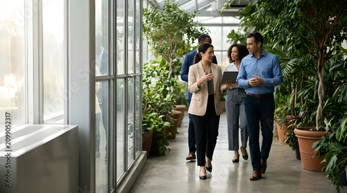 Business people walking in office with plants