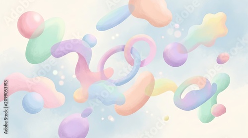 A colorful abstract composition of pastel-colored shapes and forms, floating in a soft, ethereal sky with a few scattered stars.