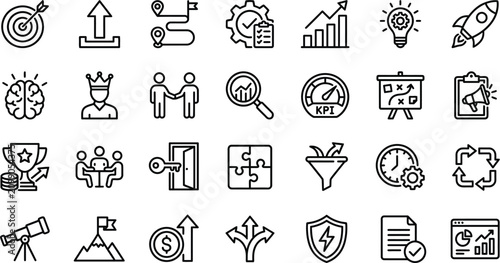 Business growth and strategic planning hand drawn line icons