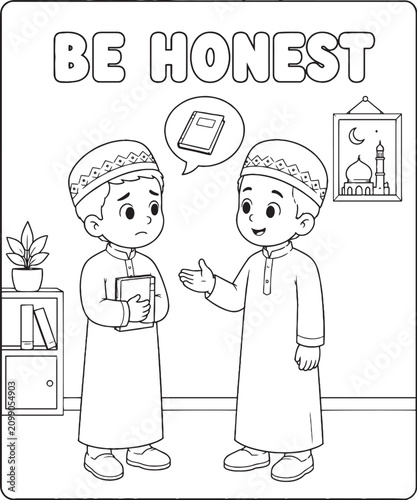 Islamic manners illustration with children honesty concept black and white line art