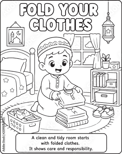 Islamic manners coloring page with a boy folding clothes in bedroom black and white illustration