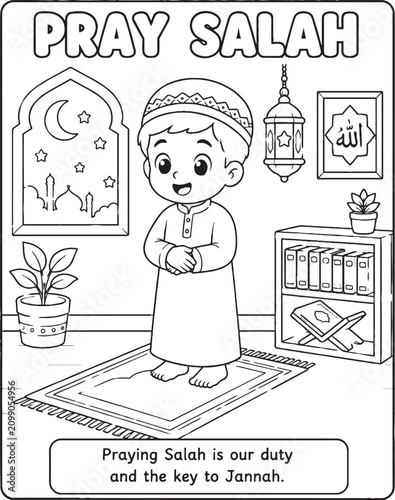 Islamic manners coloring page featuring a boy praying salah black and white illustration