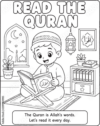Islamic manners coloring page with boy reading the quran and mosque illustration