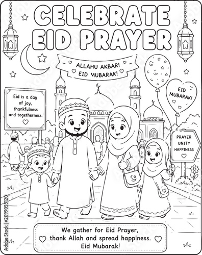 Eid Mubarak illustration with family and mosque coloring book style line art