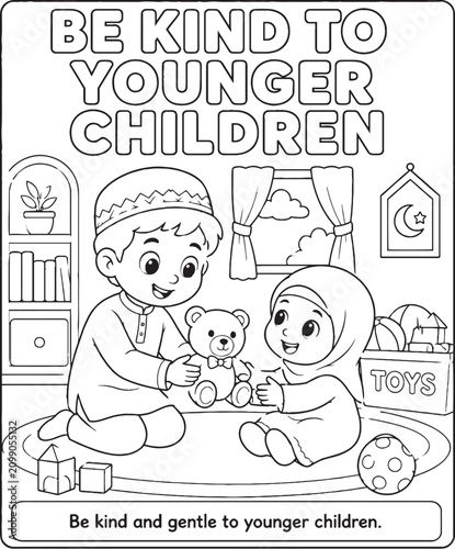 Islamic manners illustration with children and toys black and white line art for coloring books