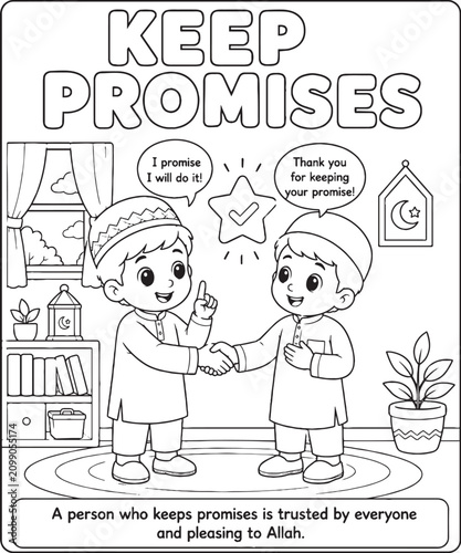 Islamic manners coloring page with children keeping promises line art illustration