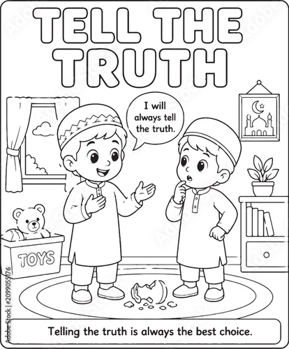 Islamic manners coloring page with children telling the truth black and white line art