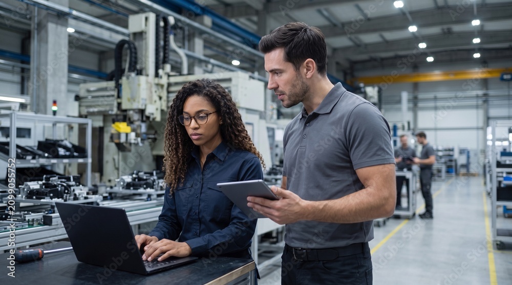 Fototapeta premium Diverse technical team of industrial engineers working on laptop computer and digital tablet inside modern manufacturing plant, discussing quality control, automated robotics background.