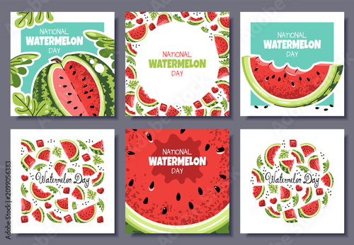 Square Watermelon Day Banner Set in Flat Design. Greeting Cards, Invitations, Menu Templates for Fruit Events. Cover with watermelon slices for Summer Party, Farmers Markets, Cultural Festival