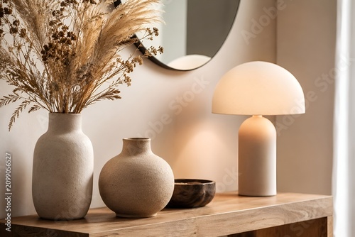 Dried Pampas Grass and Mushroom Lamp on Wooden Console Table in Home Interior