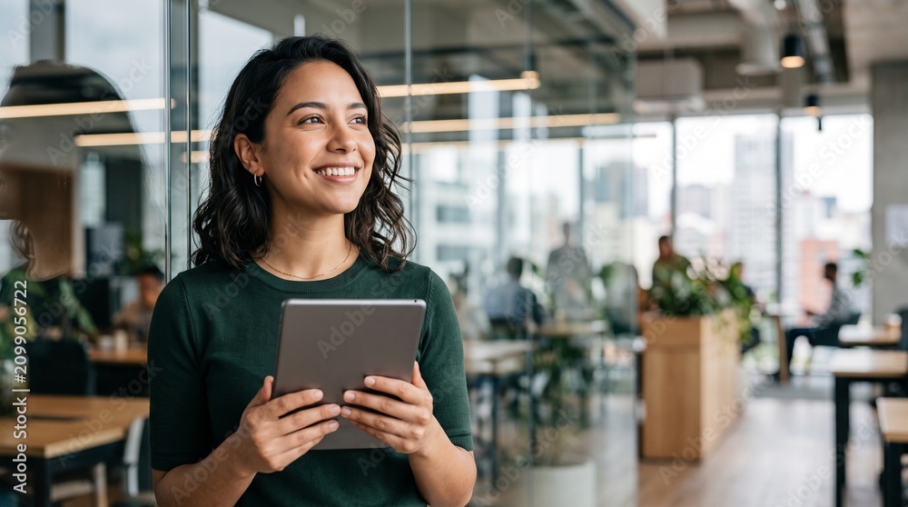 Fototapeta premium Happy young Latina businesswoman holding digital tablet, smiling in modern coworking open space office. Confident female entrepreneur working online, using touchscreen device, looking away.