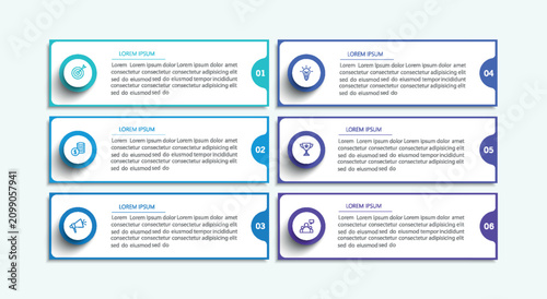 Infographic design business template with 6 options, steps. Can be used for workflow layout, diagram, annual report, web design	