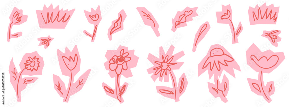 Obraz premium Quirky flower cutout doodles with daisy poppy and tulip for kids collage. Playful floral scribbles and leaf in soft pink tone. Childlike vector scribble flower cutout set for school scrapbook or promo