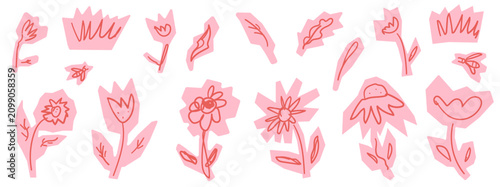 Quirky flower cutout doodles with daisy poppy and tulip for kids collage. Playful floral scribbles and leaf in soft pink tone. Childlike vector scribble flower cutout set for school scrapbook or promo