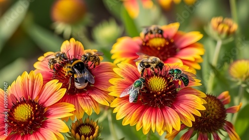 Bumblebees and flies gathering nectar on orange and yellow flowers with wildlife