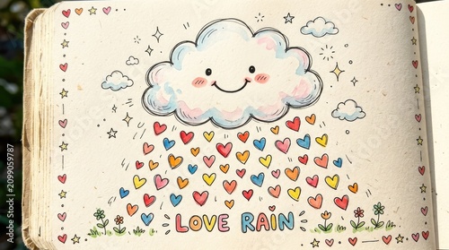 A cute, hand-drawn cloud with a smiling face and hearts falling from it, set against a white background with a border of stars and hearts.