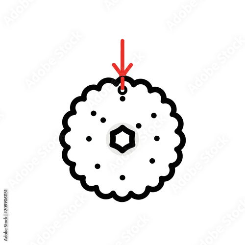 Decorative Cracker Icon with Hanging Loop and Red Arrow