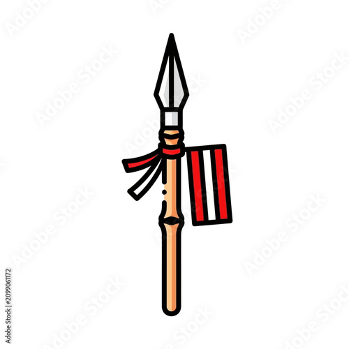 Bamboo Spear with Red White Flag and Ribbon