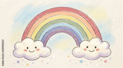 Two cute, fluffy clouds with smiling faces, floating in a blue sky with a rainbow above them.