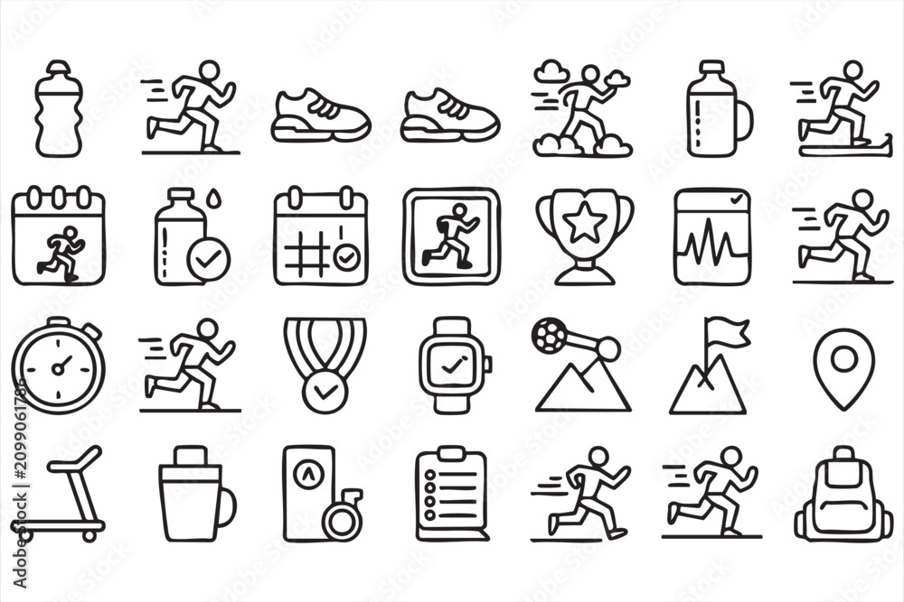 Naklejka premium Marathon Training Line Icons with Runners, Timing, Hydration and Race Preparation