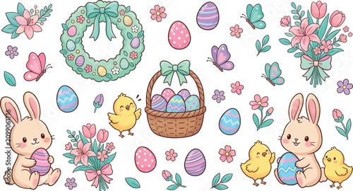 Konstfotografi Cute hand drawn style spring holiday sticker collection with bunny characters pa