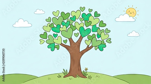 A cartoon tree with green and heart-shaped leaves, a sun, and clouds in the background.
