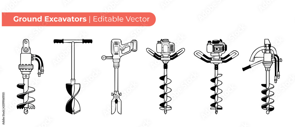 Fototapeta premium Earth auger post hole digger vector icon set of ground drill tools, manual and gas powered excavators, soil boring equipment, industrial construction drilling machine flat line art isolated on white.