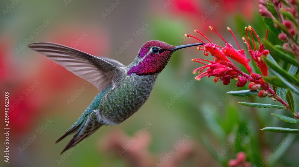 Fototapeta premium Adult male Anna's hummingbird hovering to sip nectar from a red tubular flower in Santa Cruz, California