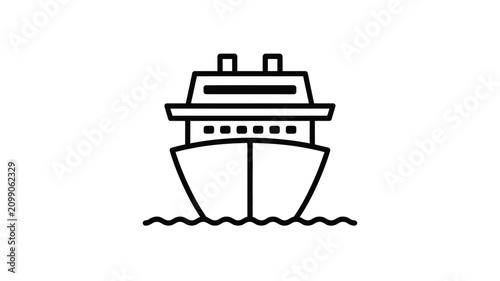 Minimalist line art vector icon of a large cruise ship sailing on ocean waves viewed from the front perspective isolated.