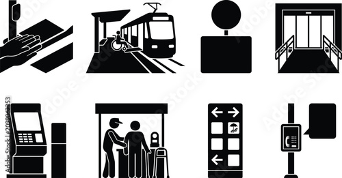 Vector pictogram icons of public transportation and accessibility including trams, ticket machines, elevators, and service counters