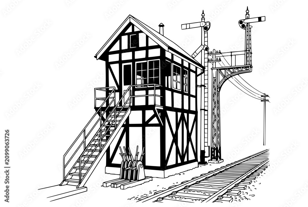 Obraz premium Vintage Railway Signal Box and Semaphore Line Art