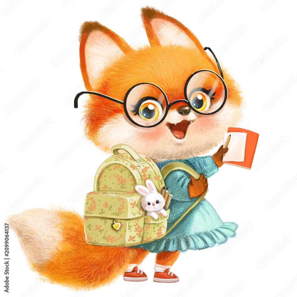 Fototapeta premium Cute cartoon fluffy red fox in dress with backpack go to school isolated on a white background