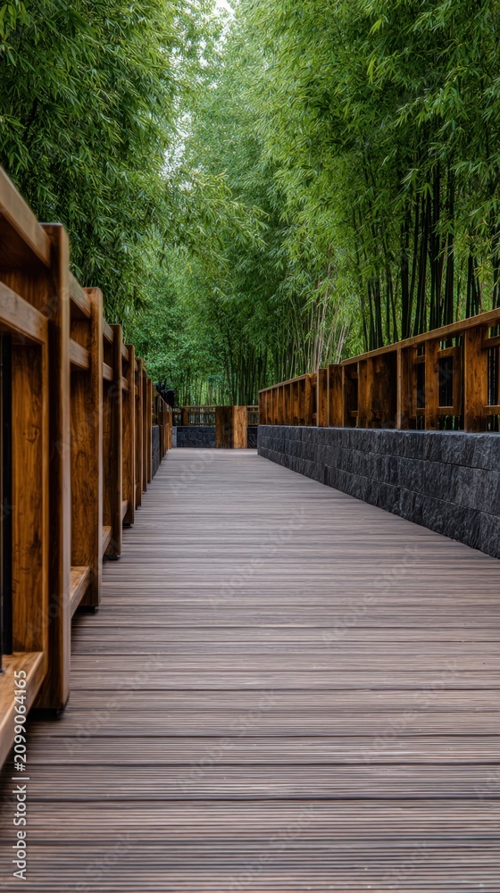 Obraz premium A serene wooden pathway lined with bamboo, leading through a lush green environment