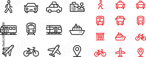 Quadro su tela Transportation and travel line icon set in black and red vector style with car t