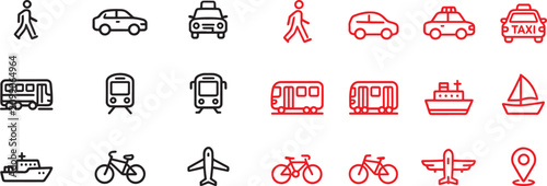 Cuadro en lienzo Transportation and travel line icon set in black and red vector style for naviga