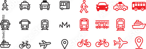 Fotografie Vector transport and travel line icons set with car train bus airplane bicycle s