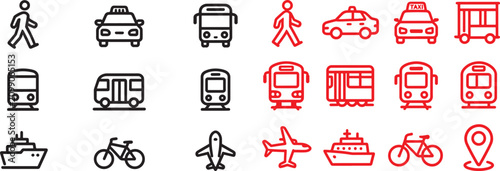Obraz na płótnie Public transportation vector icon set with taxi bus train airplane ship and bicy