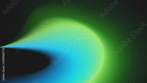 Фотография Smooth curved gradient abstract backdrop featuring cyan blue and lime green glowing swirl with vintage grain noise texture on solid black dark background