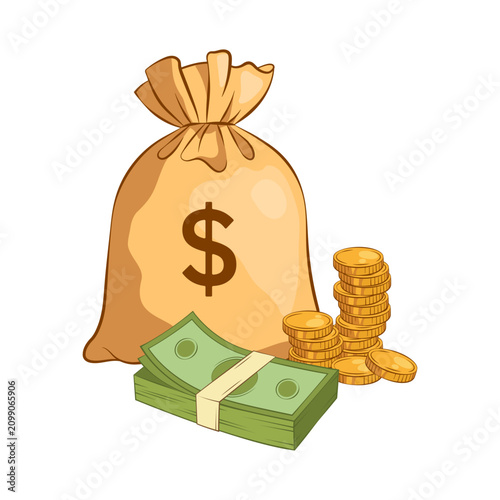 Dollar money bag, banknotes and gold coins. Financial wealth, budgeting, banking and business success concept in cartoon vector style