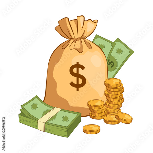 Money bag with cash and gold coins in flat vector style. Wealth, savings, investment and financial success concept