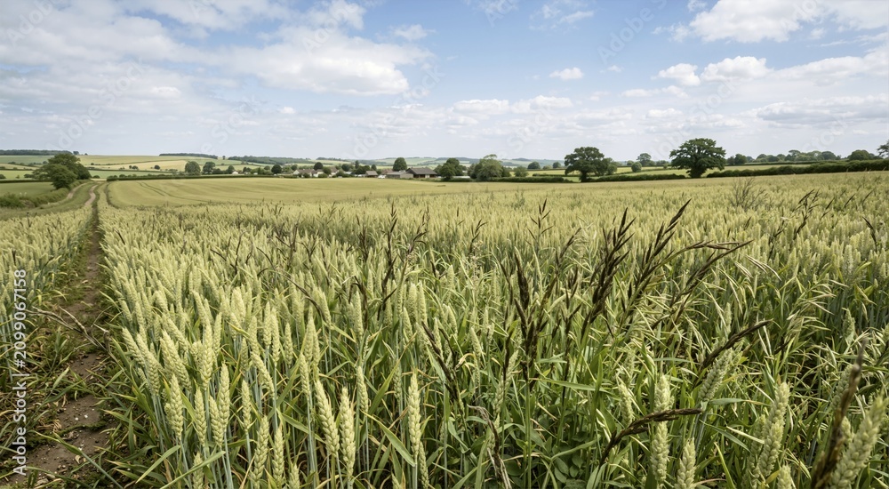 Obraz premium Wheat and weeds growing together in a large agricultural field. Rural landscape with dirt path under a bright cloudy sky. Biblical parable concept