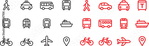 Foto Public transportation and travel vector icon set featuring black and red outline