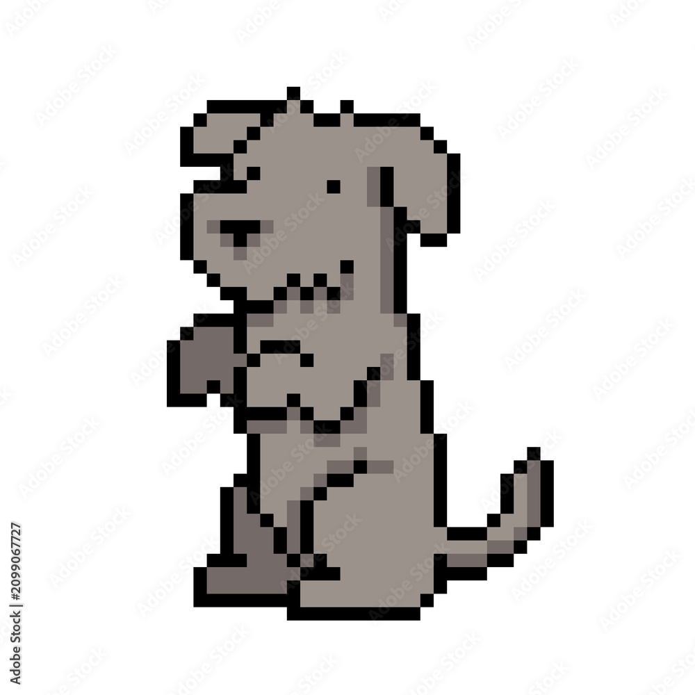 Fototapeta premium Retro style pixelated gray dog cartoon character, classic arcade game sprite