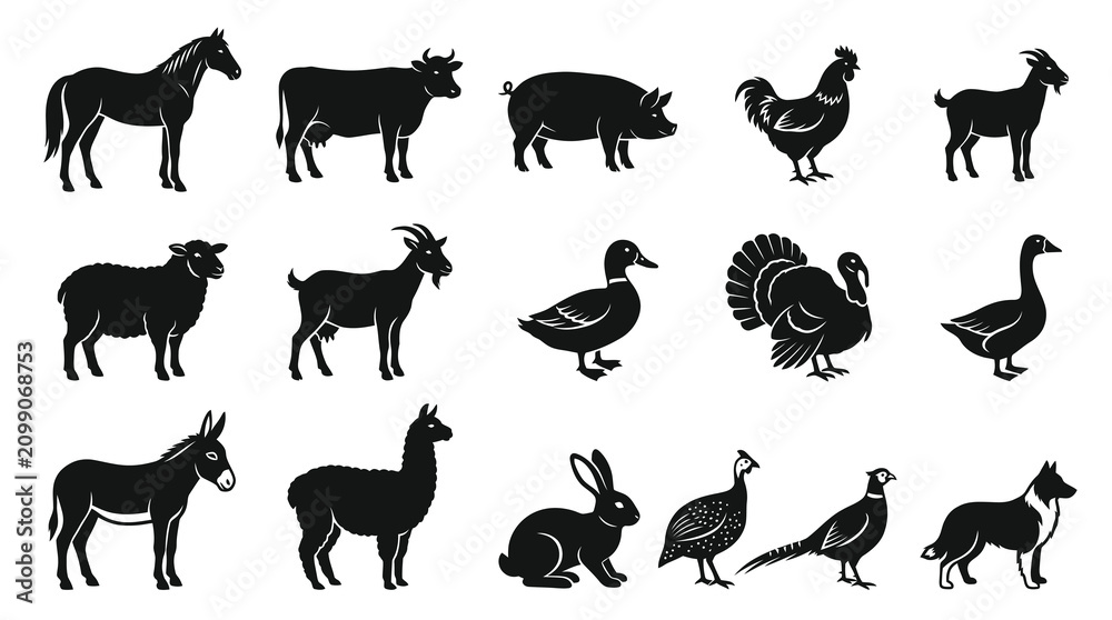 Fototapeta premium Farm Animals Set Black Silhouette Icons. Agriculture Livestock and Domestic Pets Glyph Collection.