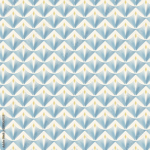 Seamless blue art deco fan pattern design for elegant textile