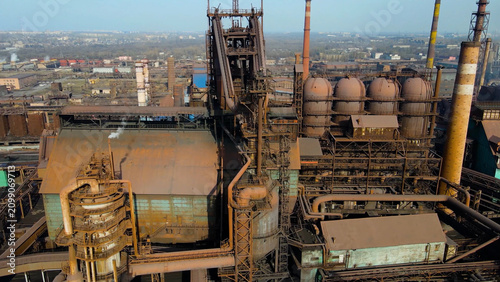 Bild auf Leinwand Factory, industrial enterprise, metallurgical plant, smoke from chimneys, aerial photography from a drone