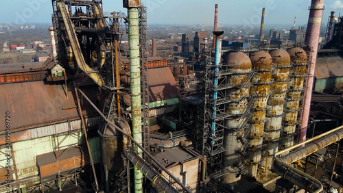 Cuadro en lienzo Factory, industrial enterprise, metallurgical plant, smoke from chimneys, aerial photography from a drone